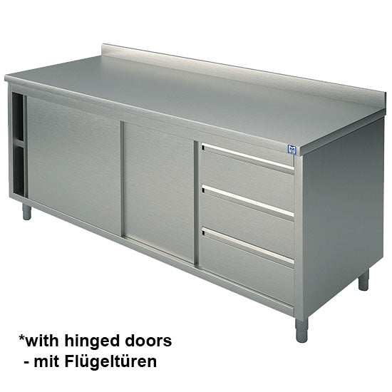 Neutraler Arbeitsschrank mit eingebauter Schubladeneinheit rechts, mit Schiebetüren und Aufkantung, 1200x700 mm