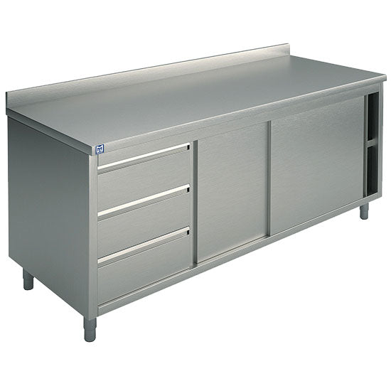 Neutraler Arbeitsschrank mit eingebauter Schubladeneinheit links, mit Schiebetüren und Aufkantung, 1600x600 mm
