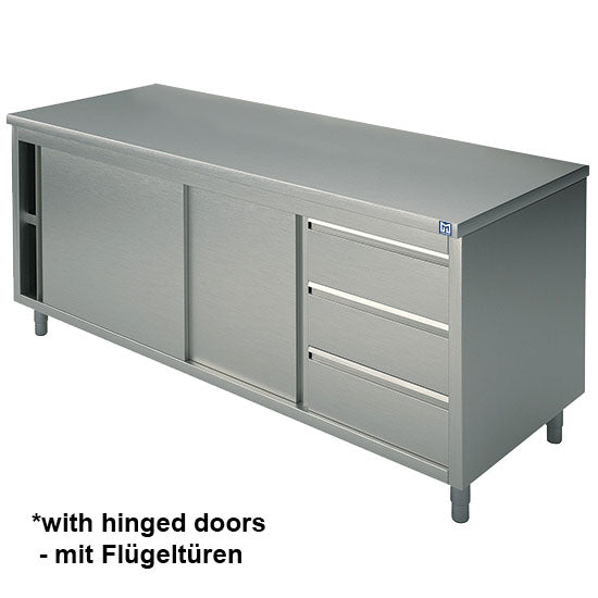 Neutraler Arbeitsschrank mit eingebauter Schubladeneinheit rechts, mit Schiebetüren, ohne Aufkantung, 1200x700 mm