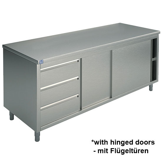 Neutraler Arbeitsschrank mit eingebauter Schubladeneinheit links, mit 2 Flügeltüren, ohne Aufkantung, 1200x600 mm