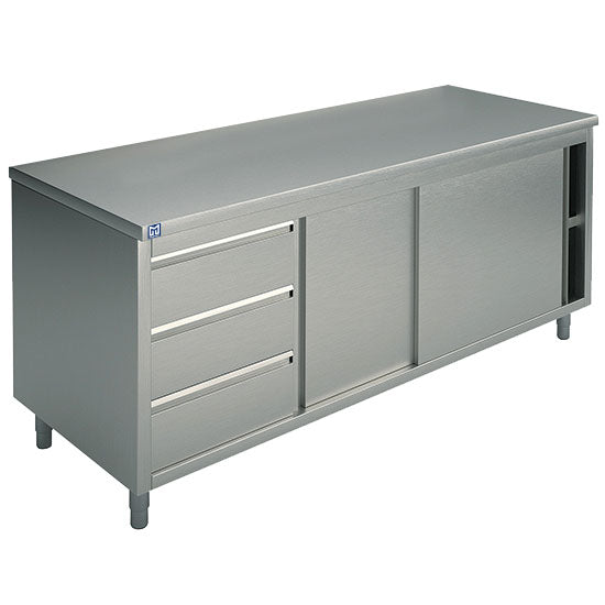 Neutraler Arbeitsschrank mit eingebauter Schubladeneinheit links, mit Schiebetüren, ohne Aufkantung, 1800x600 mm