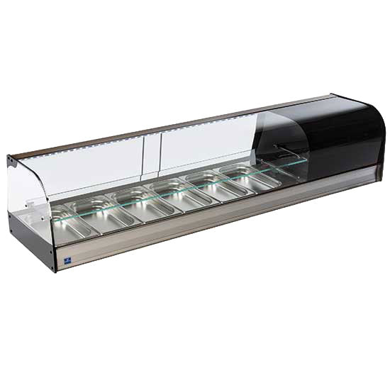 Tapaskühltheke mit gebogener Frontverglasung und 1 Glasboden, 6x GN 1/3 H=40 mm