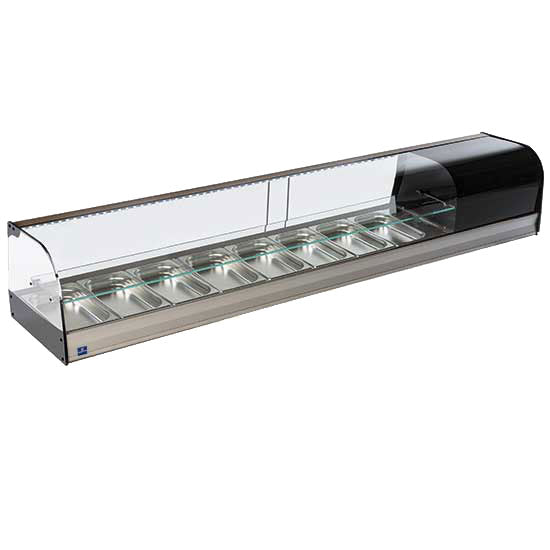 Tapaskühltheke mit gebogener Frontverglasung und 1 Glasboden, 8x GN 1/3 H=40 mm