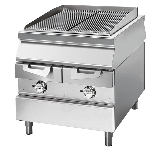 Elektro-Grillplatte auf Unterbau mit Wasserschubladen, Kochzone in Edelstahl Fleisch/ Fisch