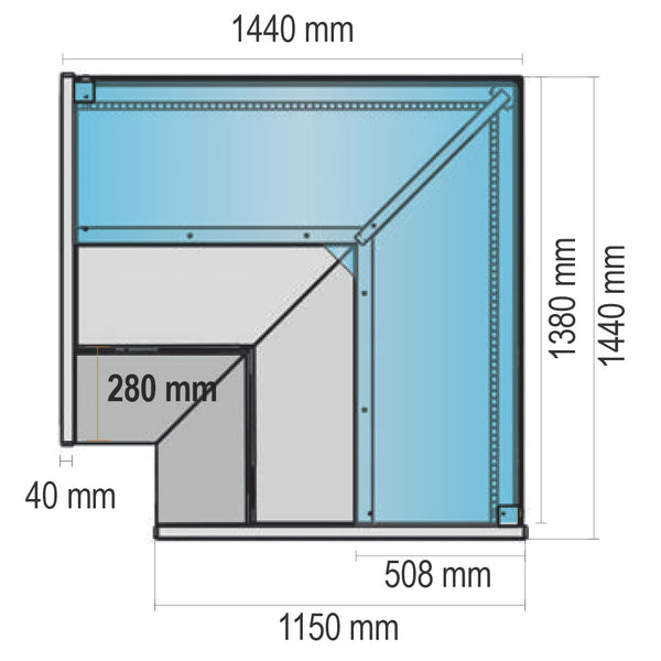 Fleischkühltheke-Eckmodul offen mit gerader Frontverglasung, Umluft Kühlung, +2°/+5°C