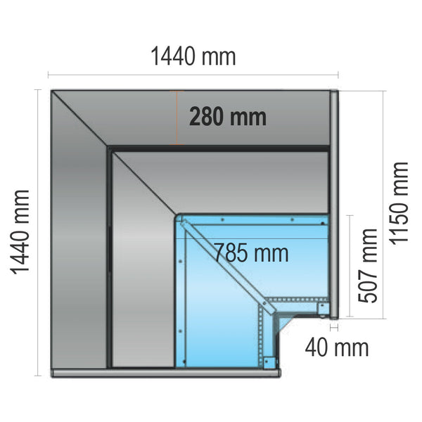Fleischkühltheke-Eckmodul geschlossen mit gerader Frontverglasung, Umluft Kühlung, +2°/+5°C