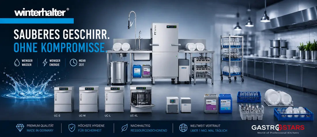 Winterhalter Spültechnik: sauberes Geschirr ohne Kompromisse. Untertischspüler UC-S bis UC-XL, Haubenspülmaschinen und Zubehör.